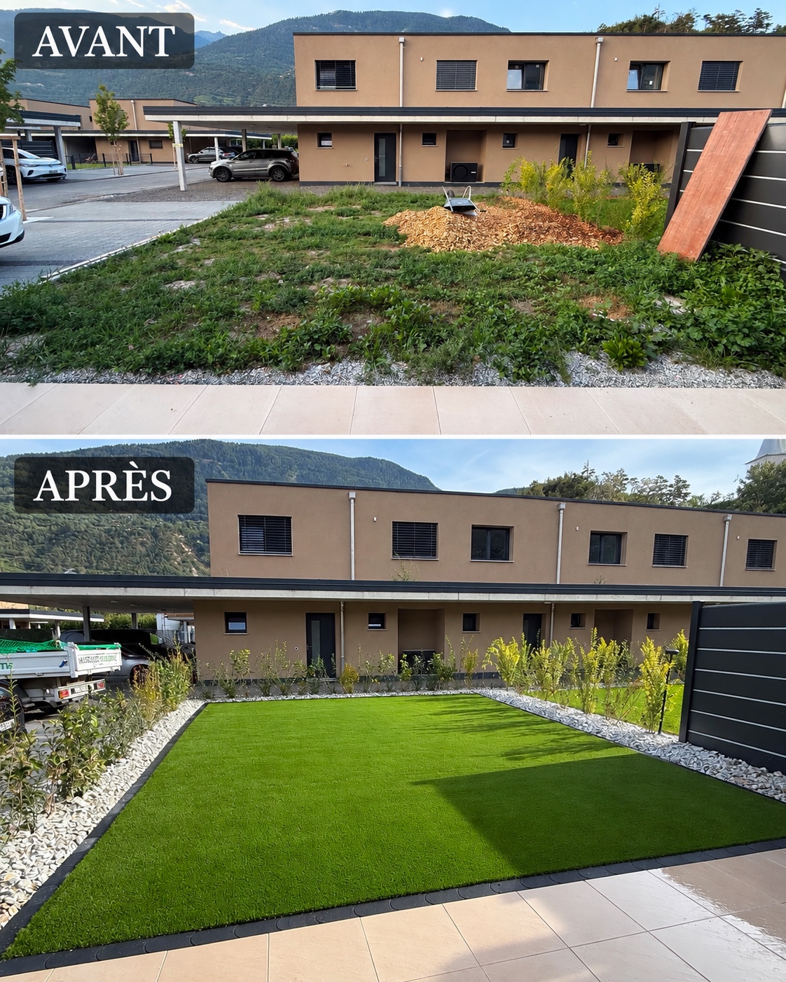 Avant et après l'aménagement d'un jardin avec gazon synthétique et plantations